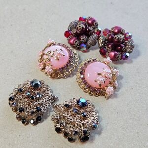 Vtg Clip On Earring Lot Set 3 Pairs Large Pink Burgundy Cluster Black Filigree